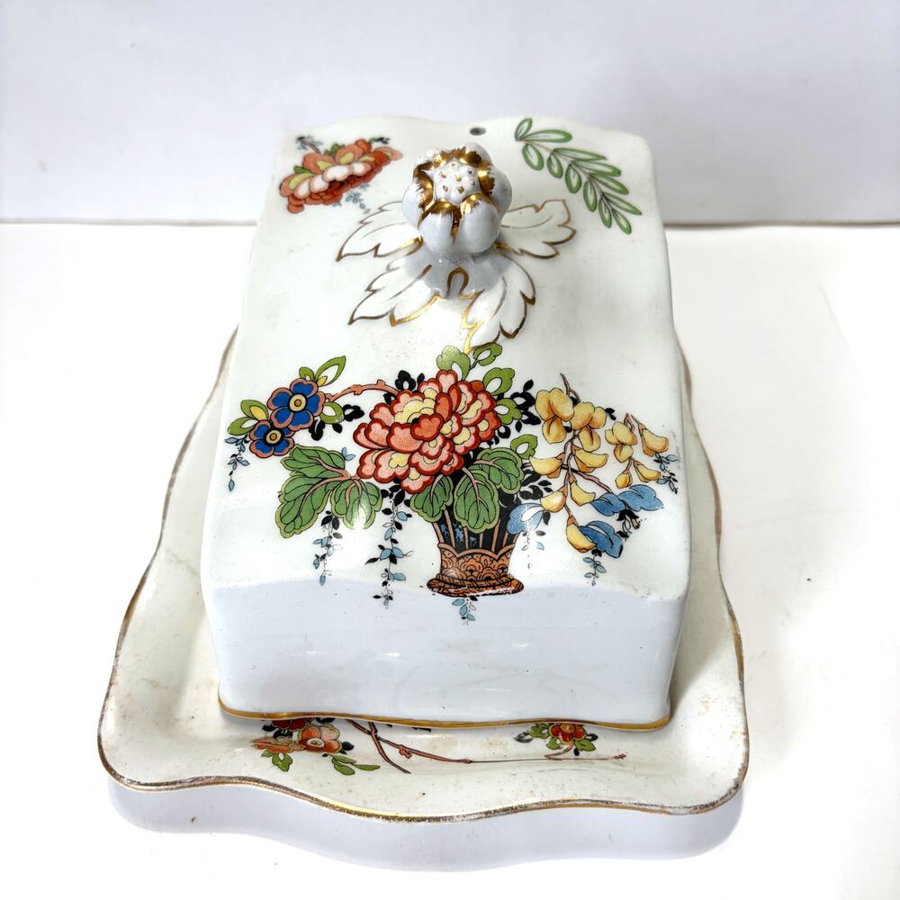 Vintage Floral Covered Cheese Keeper Butter Dish Gold Trim